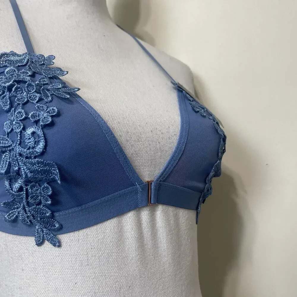 Women Lace Bralette Sexy Bra‎ Floral Lingerie Night Embroidered Flower Blue M/L
